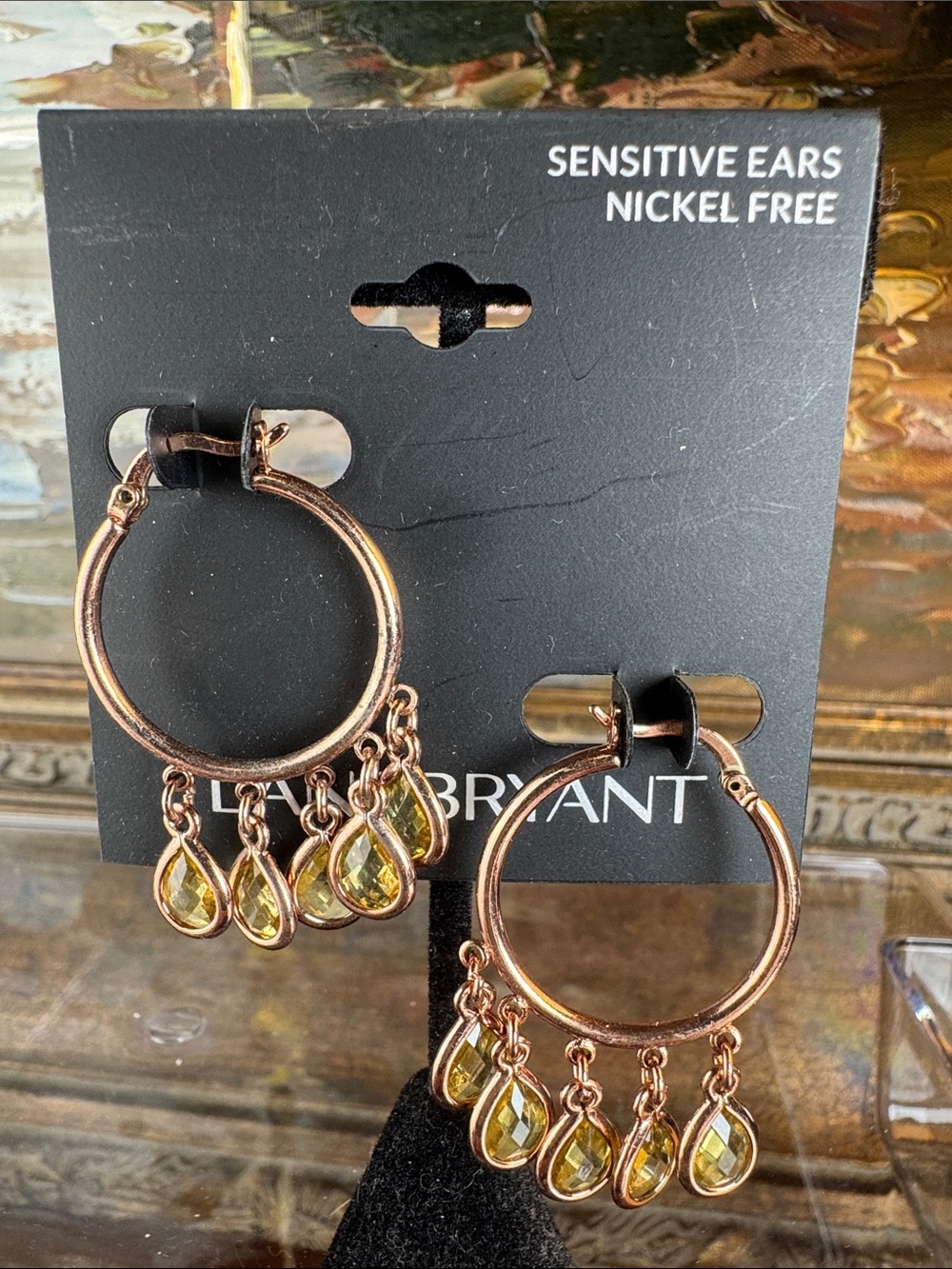 0683-Gold-Tone Hoop Earrings with Yellow‎ Crystal Drops